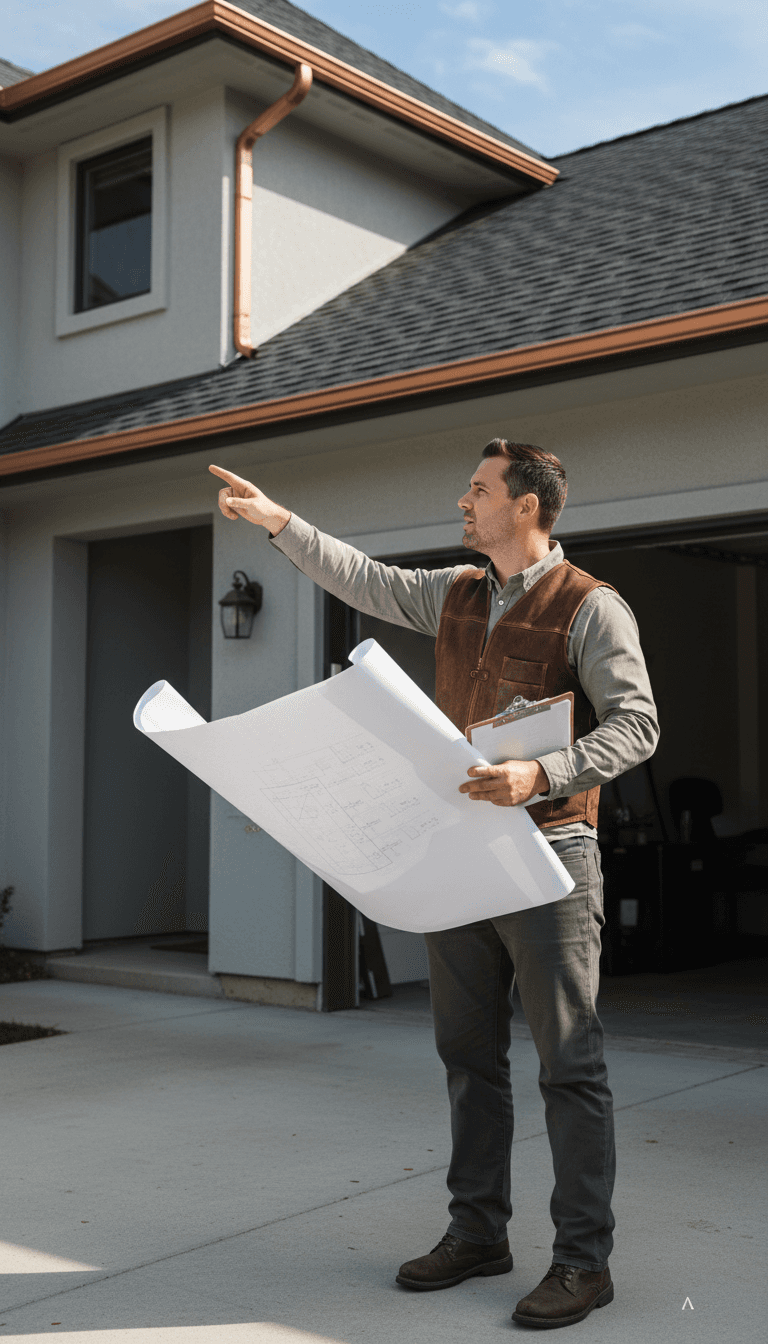 Roofing contractor reviewing estimate documents with a homeowner