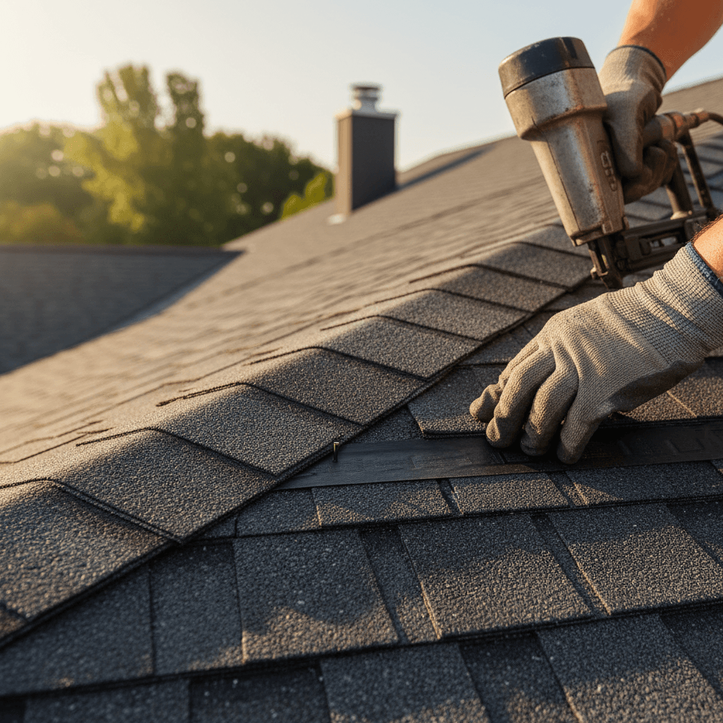Close-up of textured asphalt shingles on a San Antonio home roof
