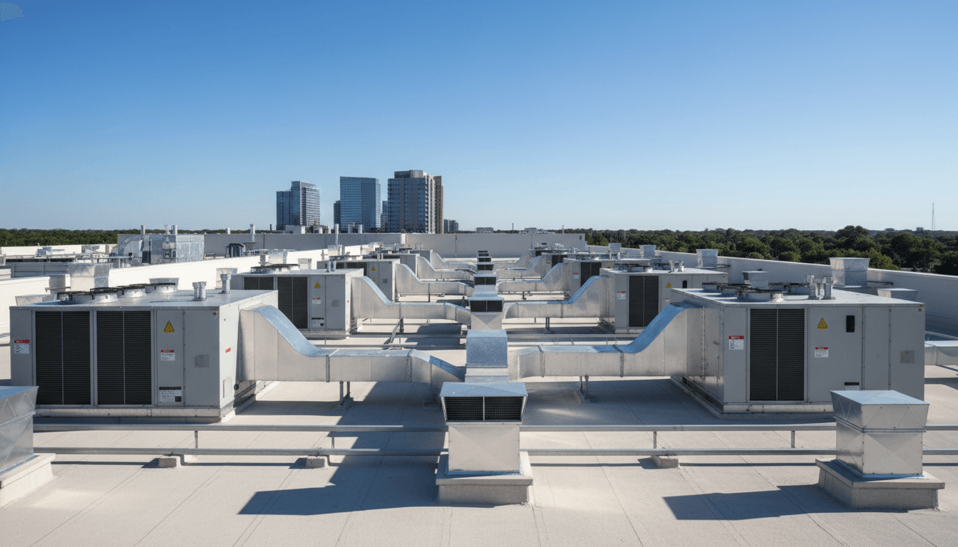Aerial view of large flat commercial rooftop with white membrane and HVAC units