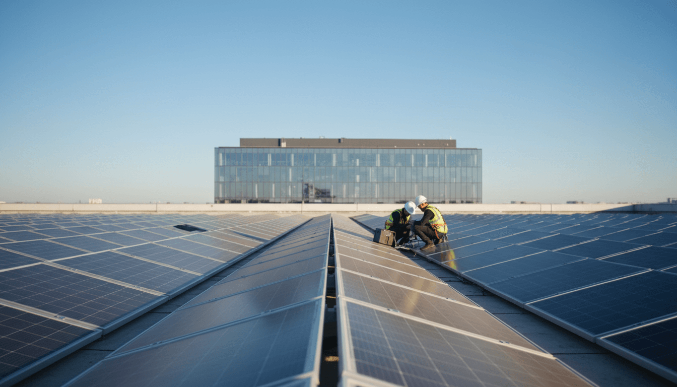 Diverse technicians inspecting solar panels on industrial rooftop installation under clear blue sky