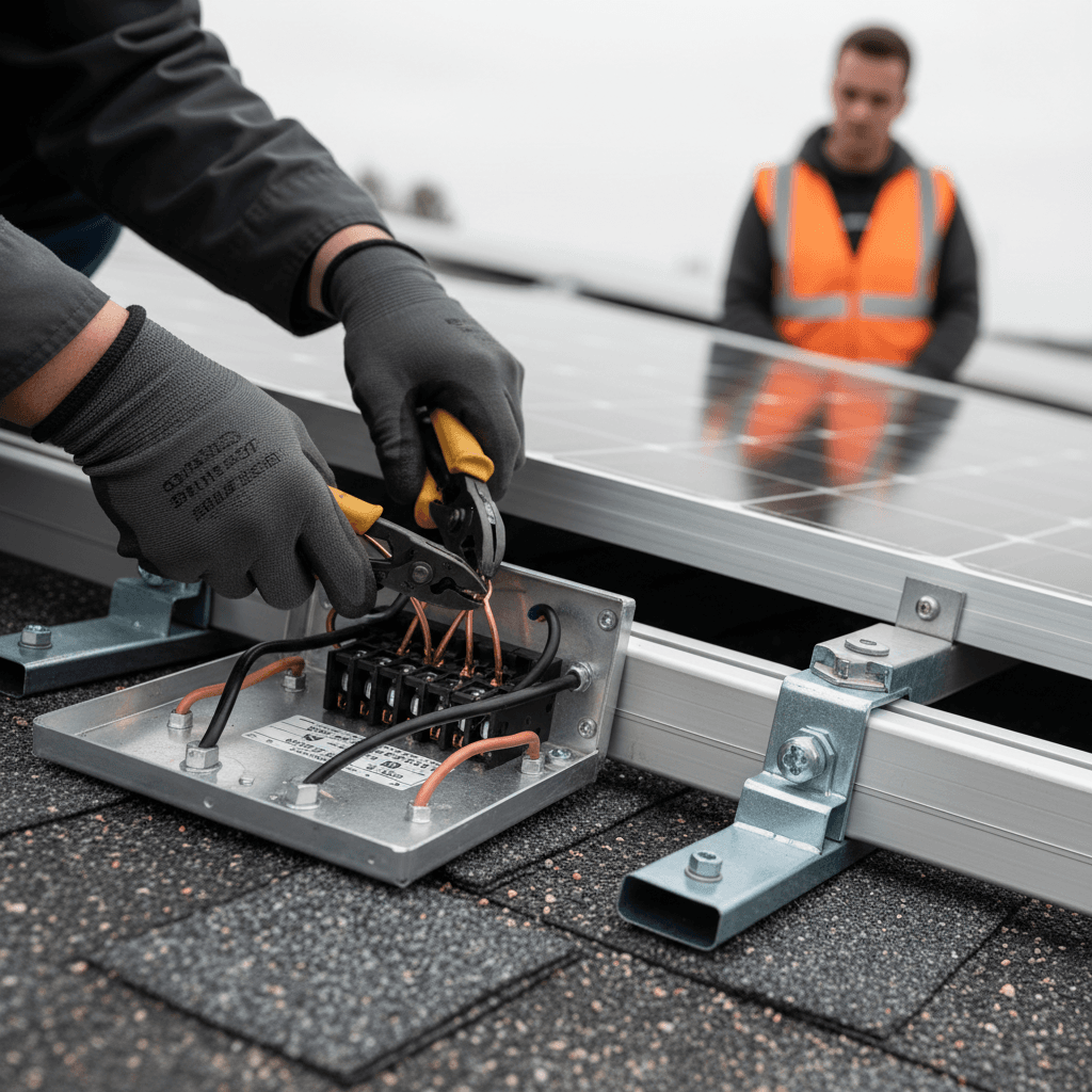 Close-up of technician's hands installing electrical connections on residential rooftop solar panel system with precision tools