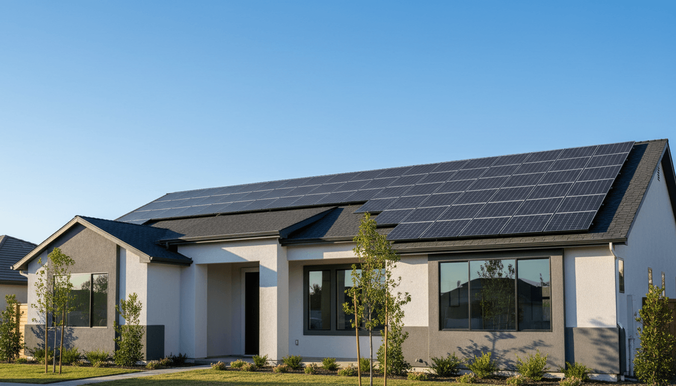 Modern residential home with complete rooftop solar panel array installation covering entire south-facing roof