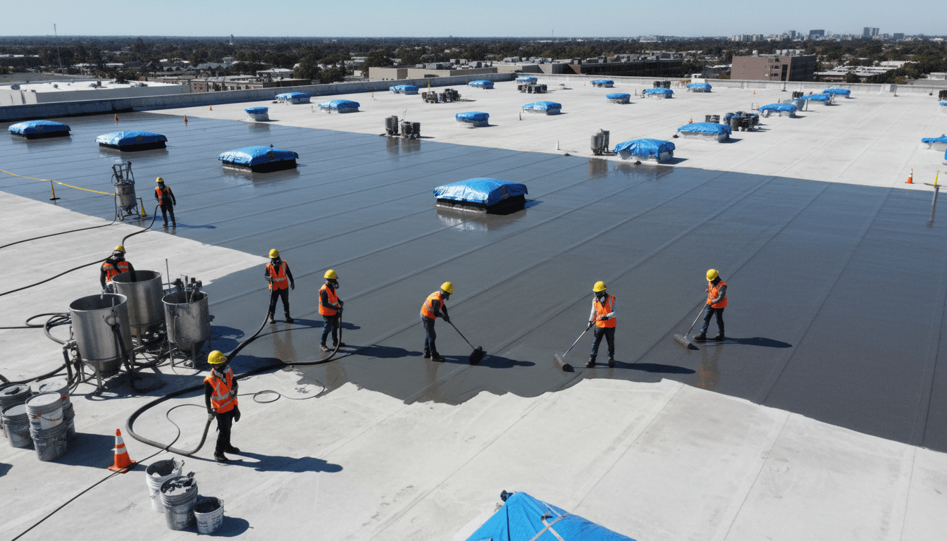 Professional waterproofing team applying protective coating to commercial building rooftop with safety equipment and systematic methodology
