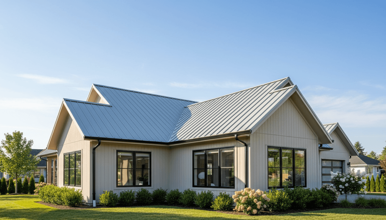 Freshly installed metal roofing on residential home with standing seam panels and clear blue sky