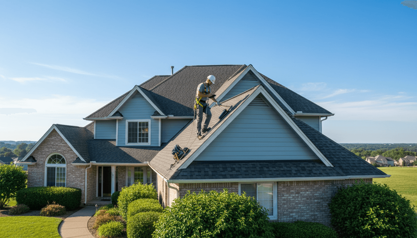 Roofing contractor talking with an insurance adjuster on a residential property