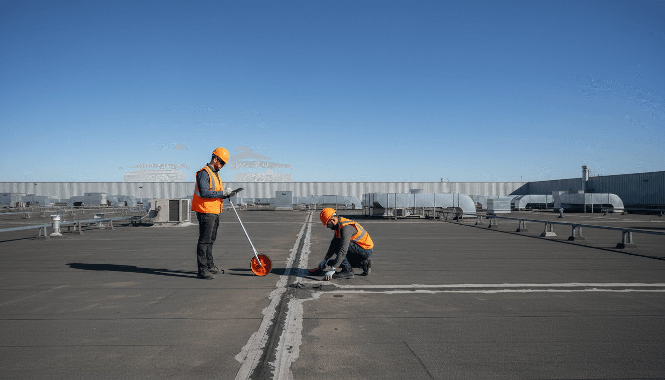 Two roofing professionals in safety gear inspecting large warehouse roof in bright daylight, vast flat roofing system visible