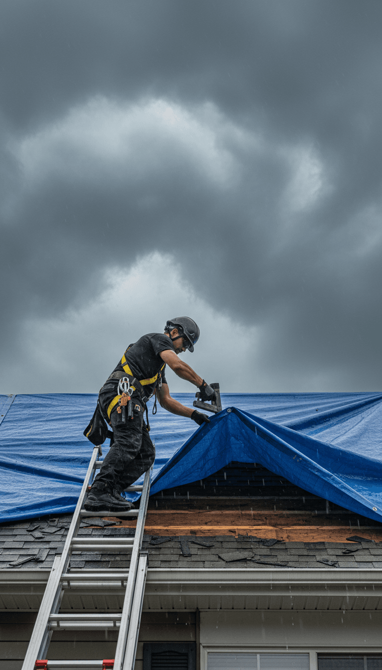 Roofer installing protective tarping on storm-damaged residential roof during emergency repair response