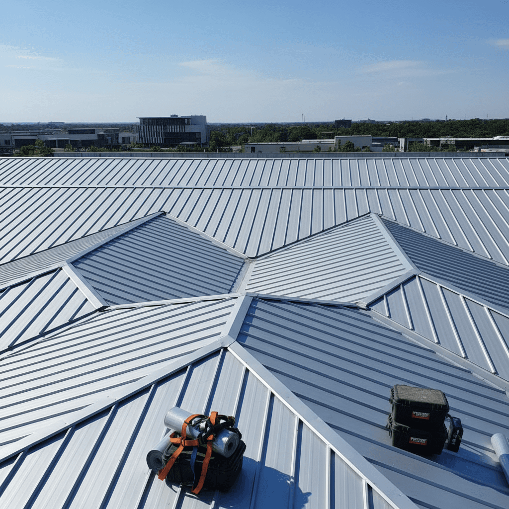 Standing seam metal roof panels catching afternoon light