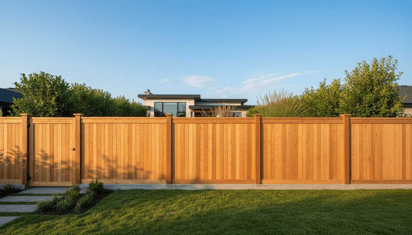 Wooden privacy fence in a suburban backyard