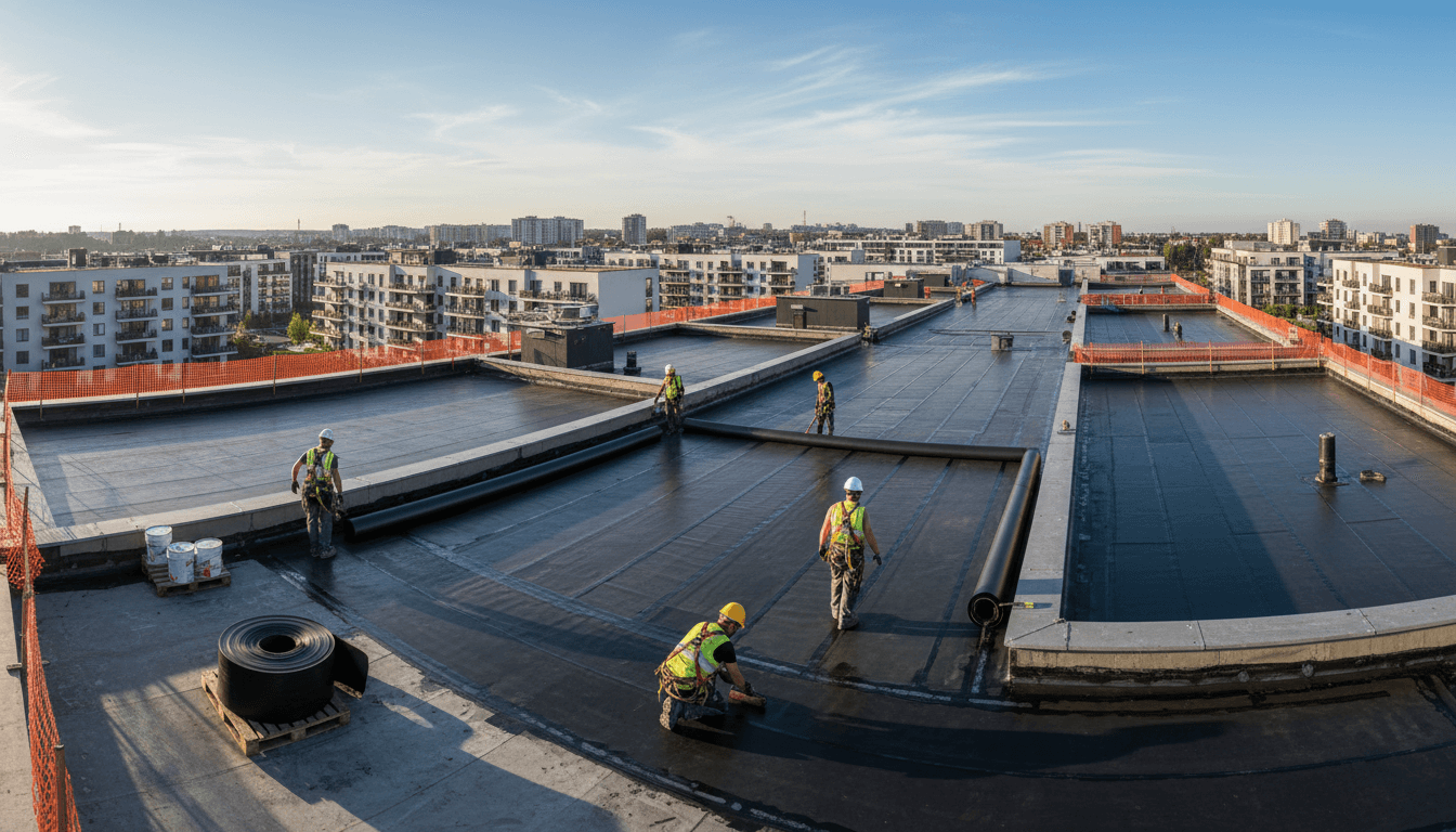 Construction team installing synthetic polymer waterproofing membrane on residential building rooftop with safety equipment